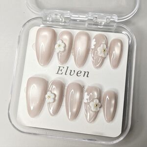 Nude Cat Eye And White Floral Handmade Press On Nails Medium Almond